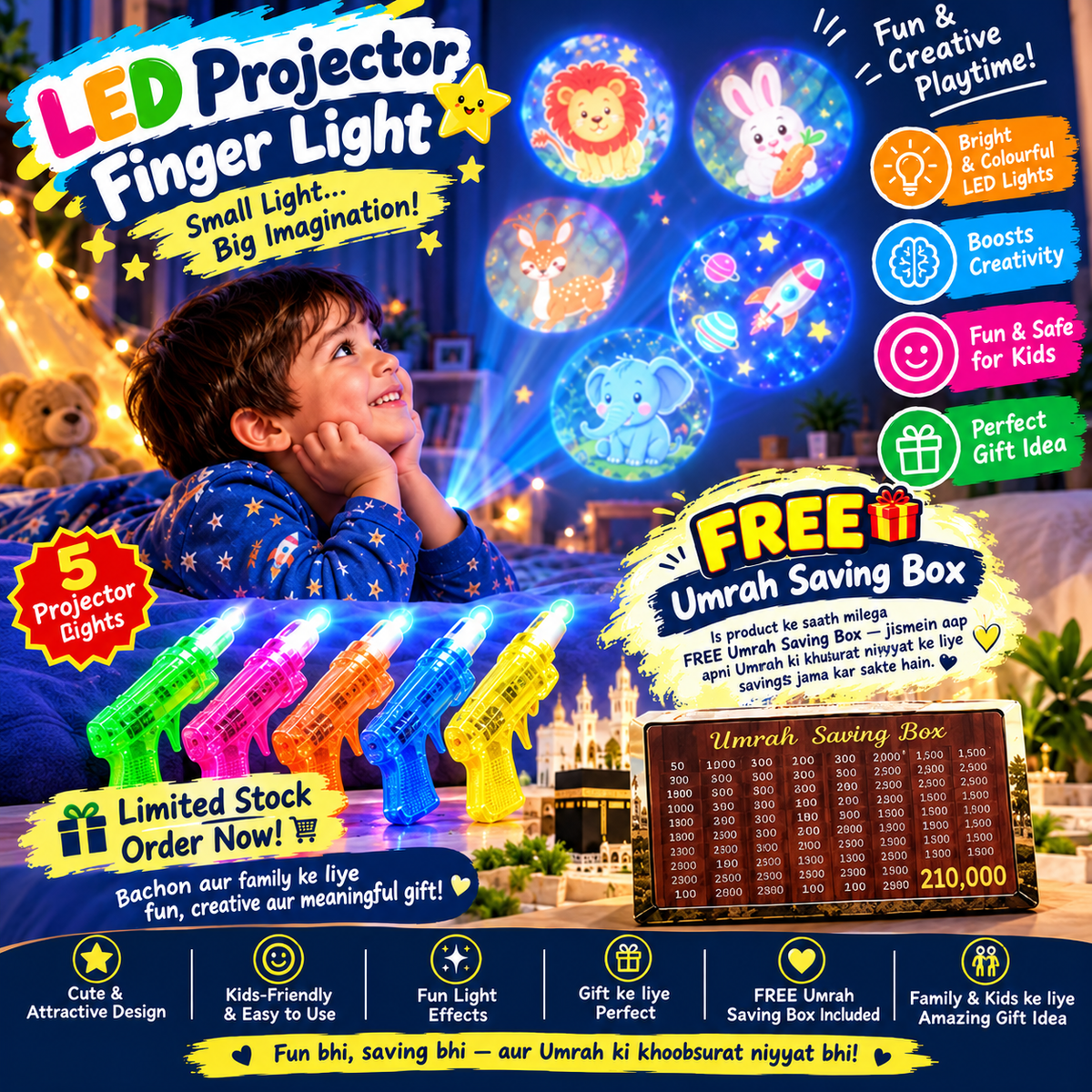 LED Projector Finger Light Gun (Pack of 5)+ FREE Umrah Saving Box π