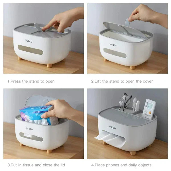 Ecoco multi-functional tissue box organizer by fusiongadgetspk, with compartments for tissues and small items, in a sleek modern design.