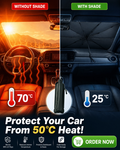 Fusion Gadgets car windshield sun shade umbrella shown before and after use, protecting the interior from sun heat and glare.
