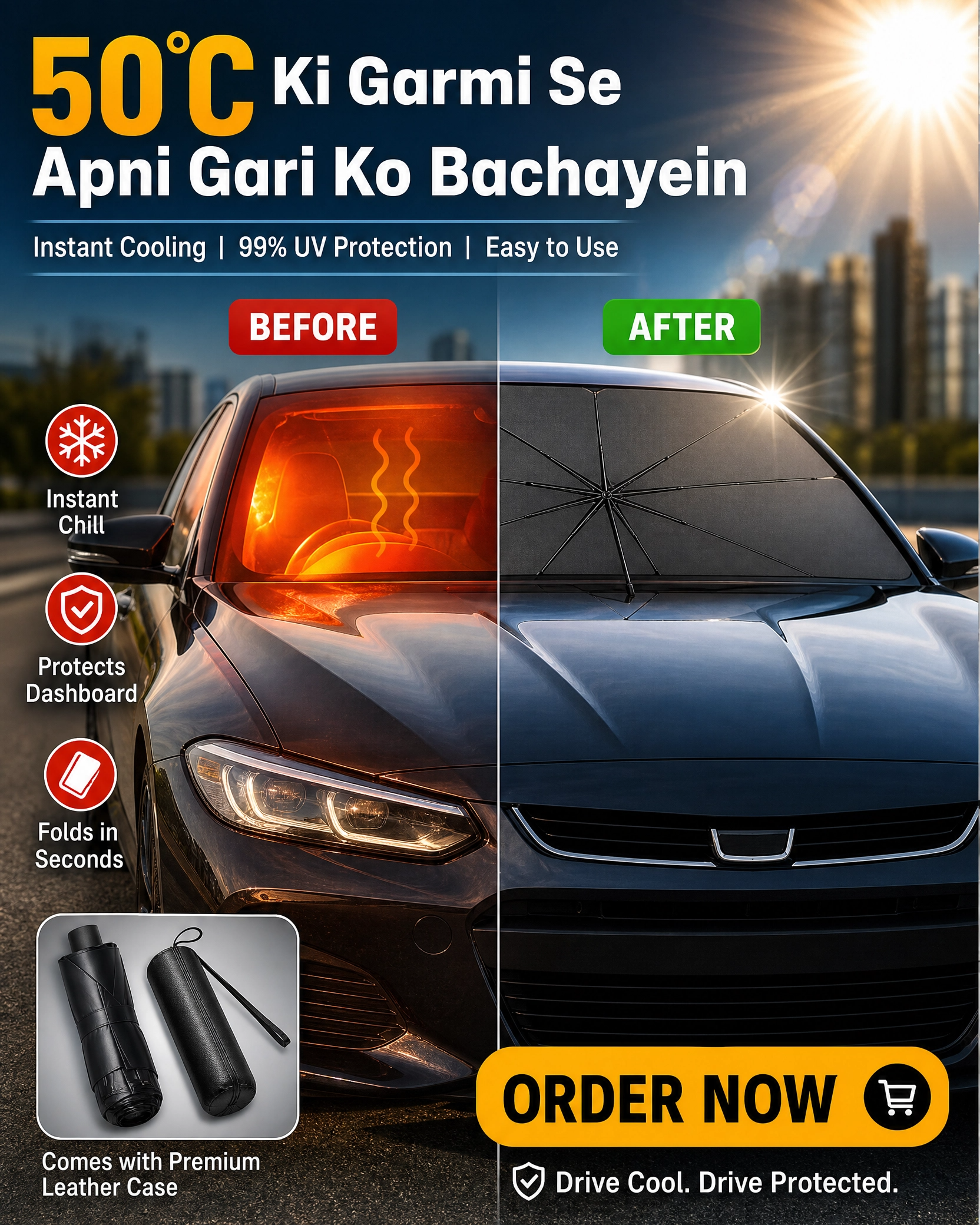 Fusion Gadgets Car Windshield Sun Shade Umbrella blocking sunlight from a car windshield, providing interior heat protection.