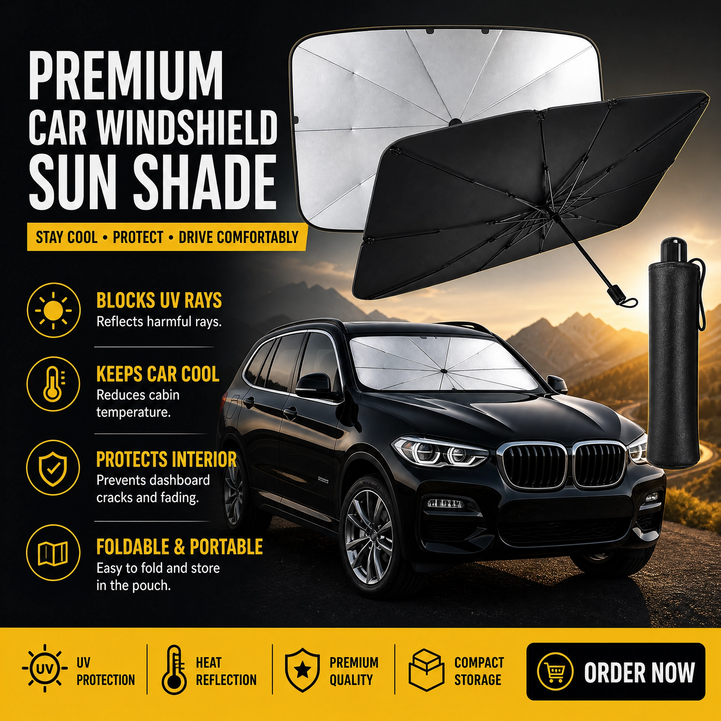 Fusion Gadgets car windshield sun shade umbrella blocking sunlight to keep the interior cool and protected from UV rays.