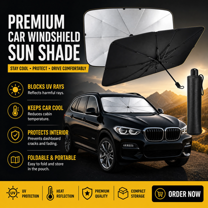 Fusion Gadgets car windshield sun shade umbrella blocking sunlight to keep the interior cool and protected from UV rays.